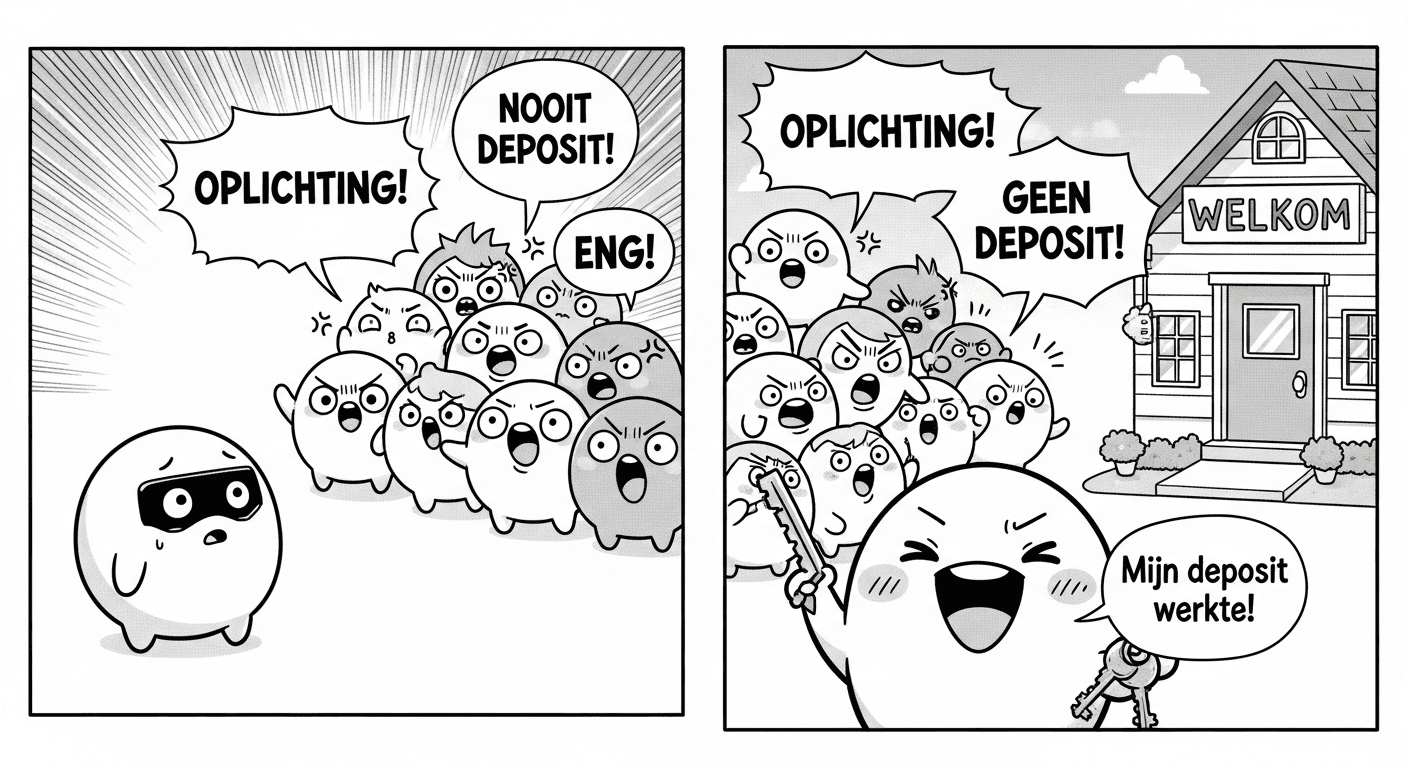 Illustratie van mensen die roepen dat waarborgsom oplichting is terwijl iemand een echt appartement vindt