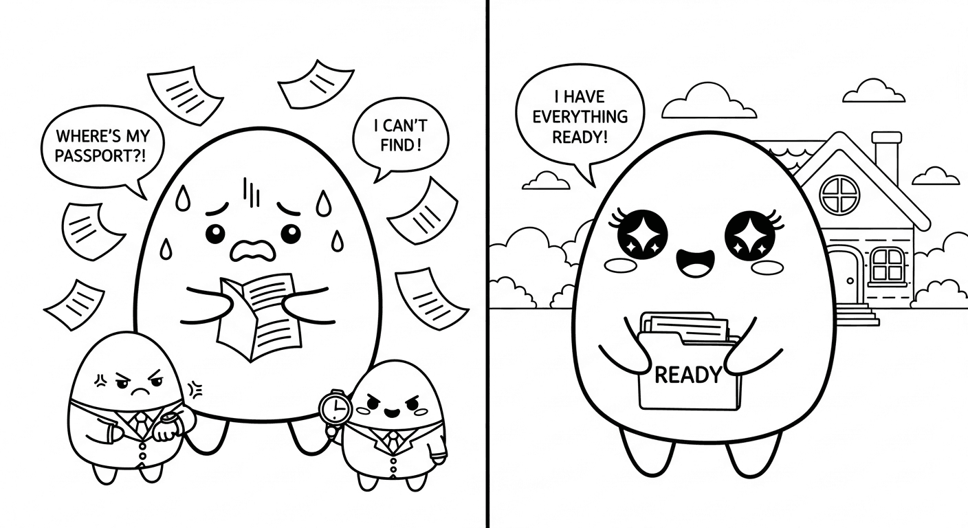 Illustration showing a stressed person with scattered papers versus an organized person with a neat folder